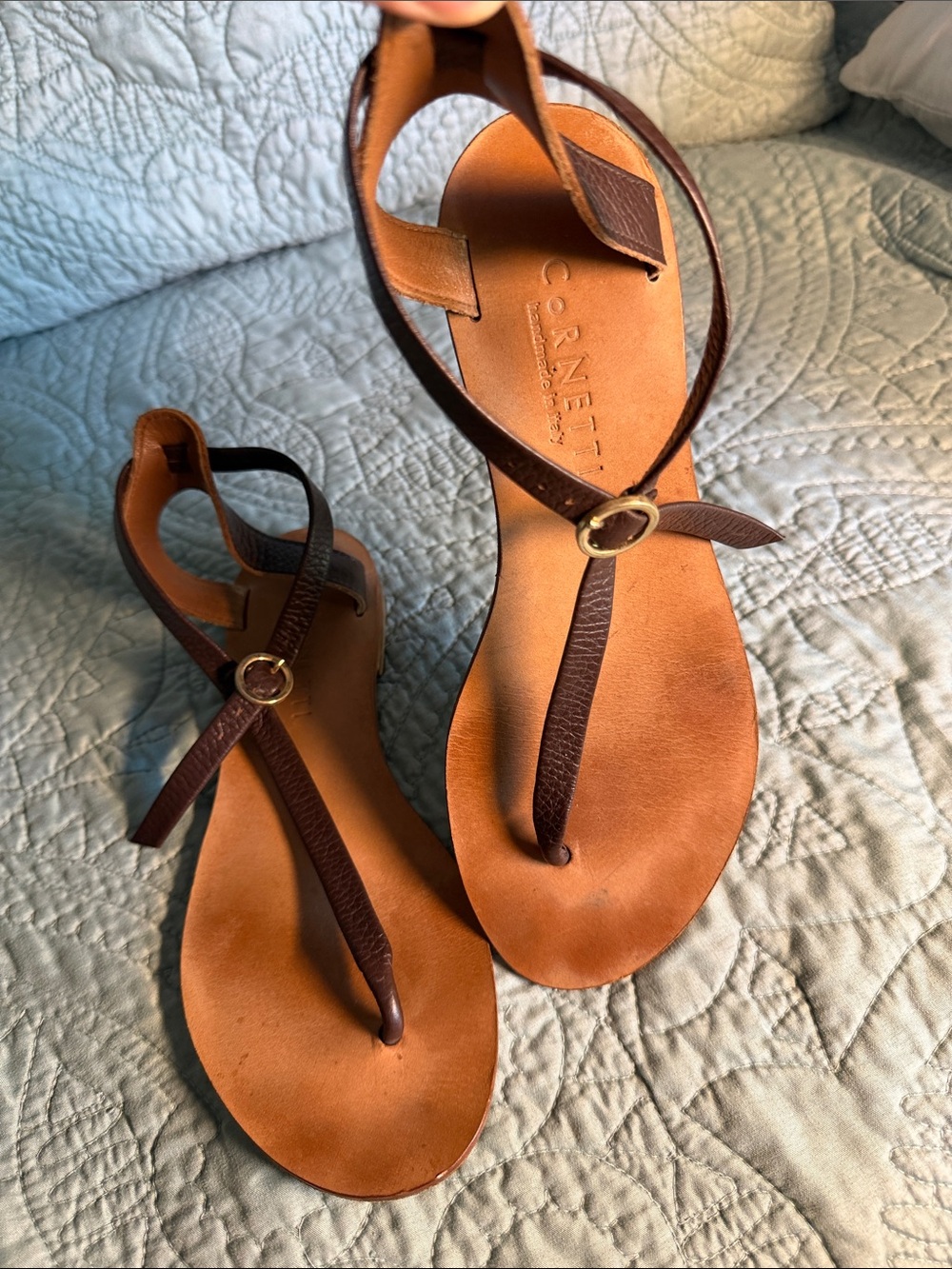 CoRnetti Brown Leather T-Strap Women's Sandals